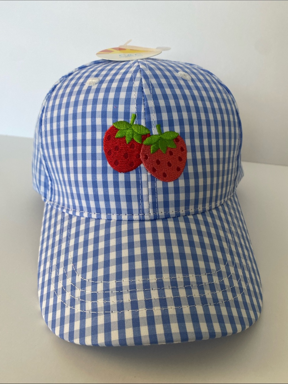 C&C Cali Blue White Gingham Strawberry Embroidered Baseball Cap Hat Bow NWT
